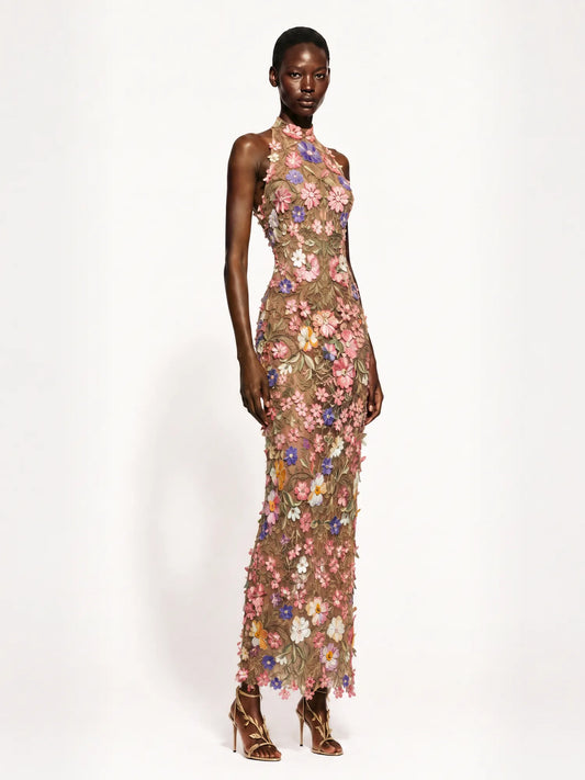 Adeline 3D Floral Details Halter-Neck Maxi Dress