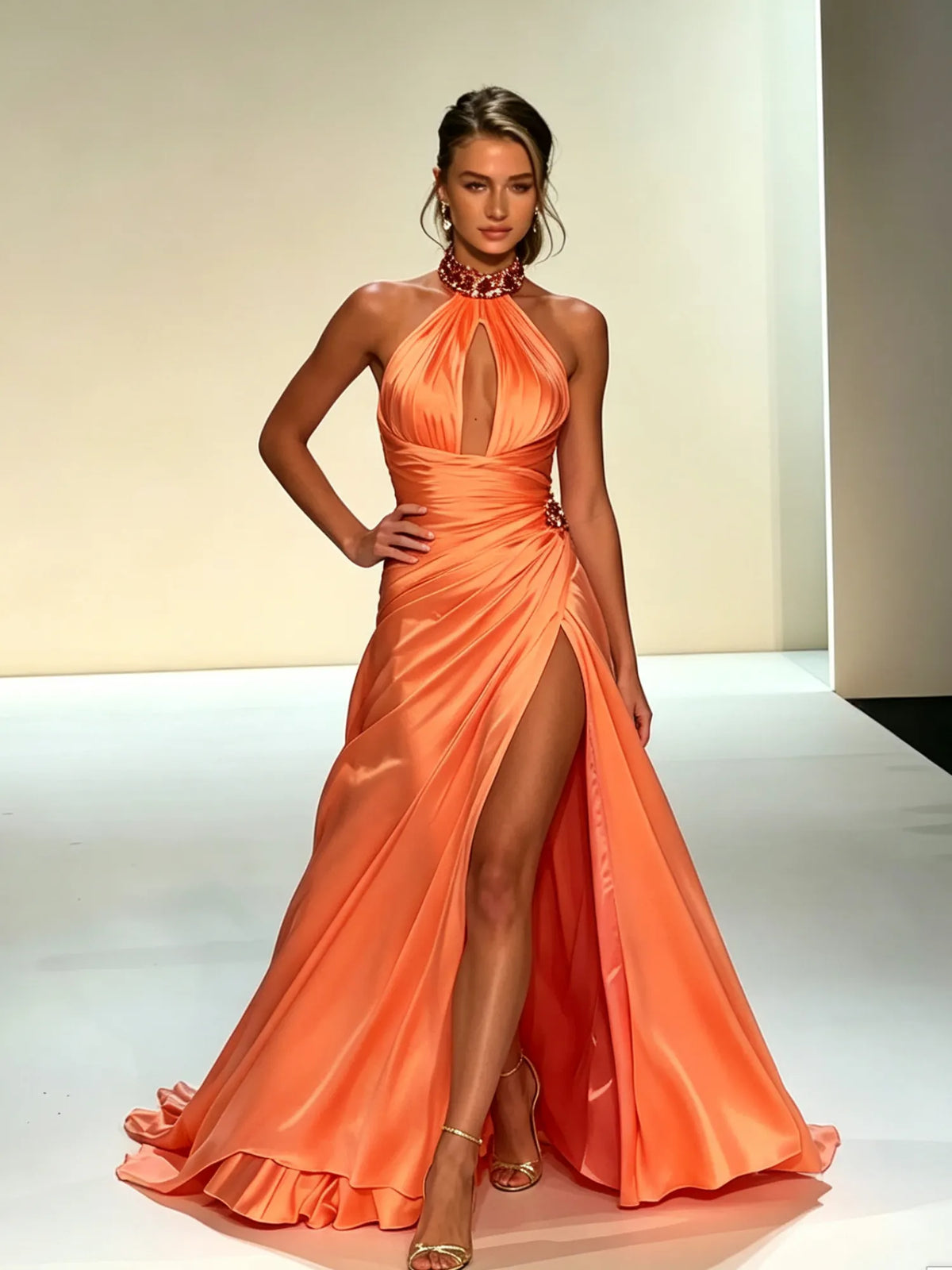 Zaria Halter Cutout Satin Maxi Dress In Orange