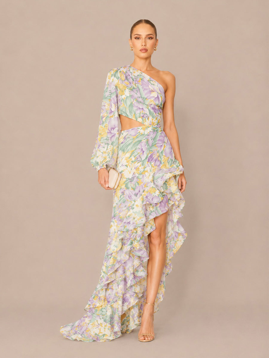 Cassidy Floral Asymmetric One-Shoulder Ruffled Maxi Dress