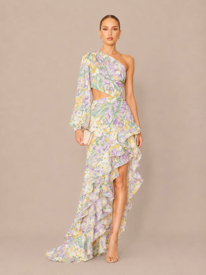 Cassidy Floral Asymmetric One-Shoulder Ruffled Maxi Dress