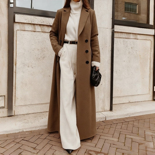 2025 Winter Women Long Wool Coat Polyester Warm Solid