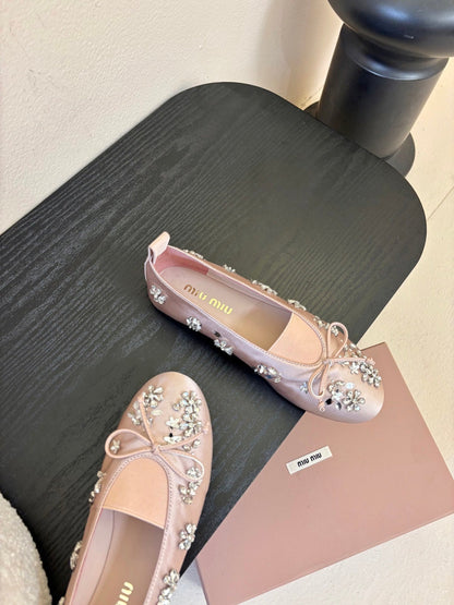Miu Ballet Flat With Floral Crystal Light Pink Silk