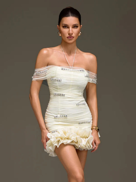 Isla Ivory Off-Shoulder Crystal-Embellished Ruched Mini Dress