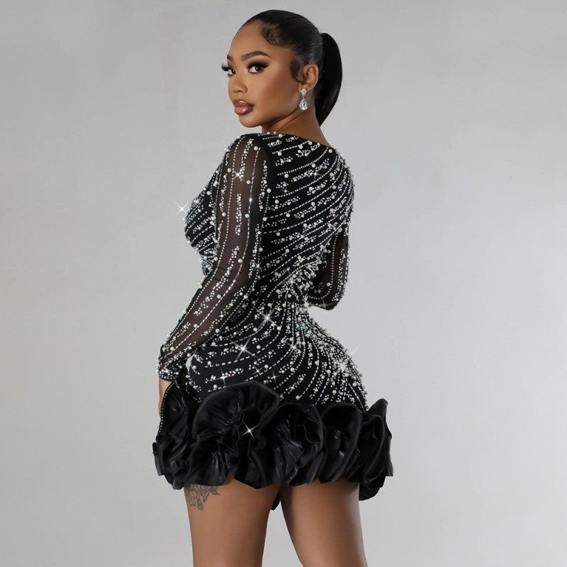 Sexy Rhinestone Beaded Bodycon Dress Long Sleeve
