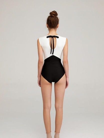 New Solid Color Black And White Stitching Bikini One-Piece Triangle Swimsuit
