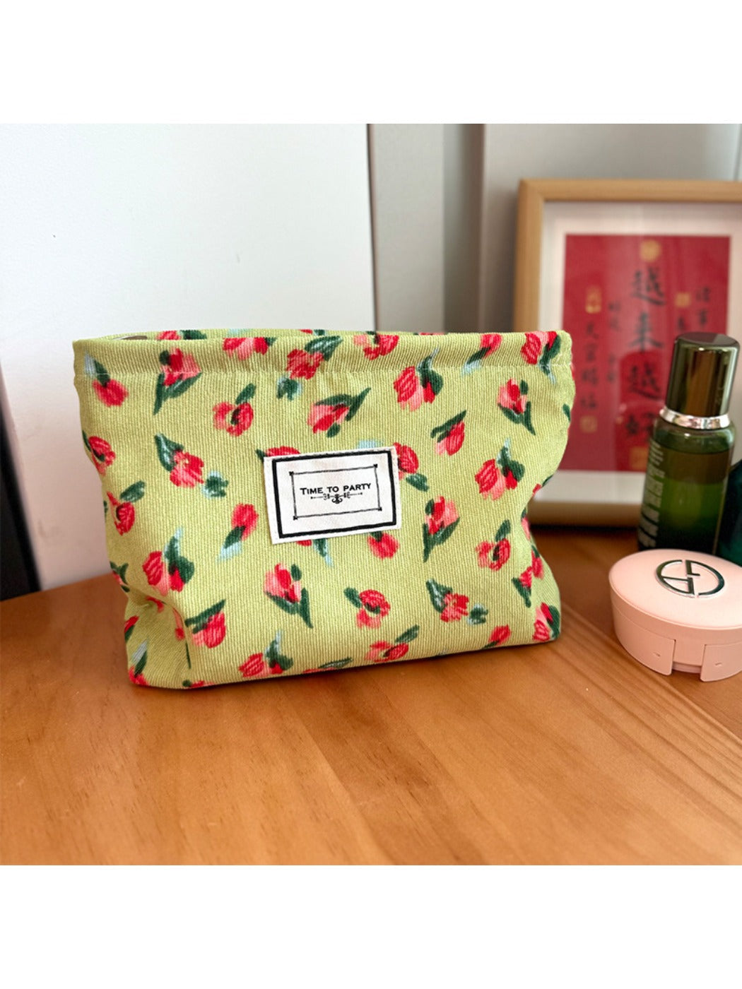 Cosbai - Canvas Makeup Bag with Floral Prints