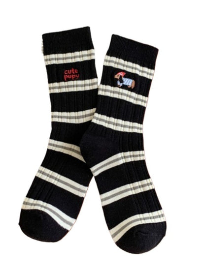 Rufia - Stripes Mid-calf Socks with Dog Patterns
