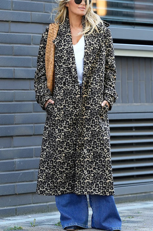 Leopard Affair Animal Print Epaulettes Long Sleeve Pocketed Lapel Midi Trench Coat