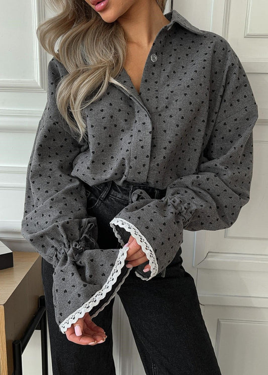Button Down Shirt With Heart Print And Lace Cuffs