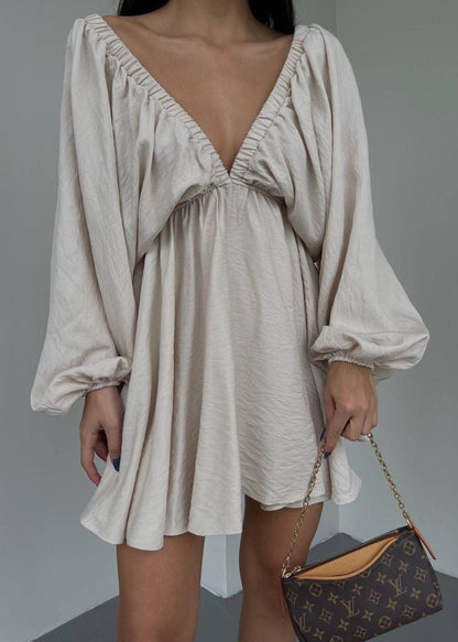 Lantern Sleeve V Neck Dress In Soft Fabric