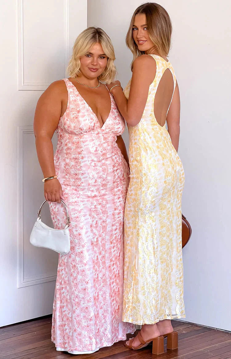 Farida Peach Lace Maxi Dress