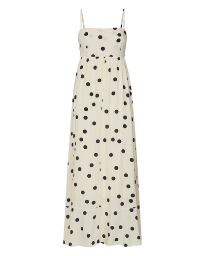 Miriam Midi Linen Dress - Strappy Straight Neck A Line Dress in Beige & Black Spot
