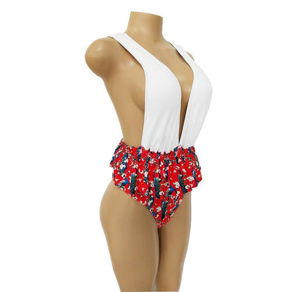 Ruffled Print V-Neck Bow Ins Style One Piece Swimsuit