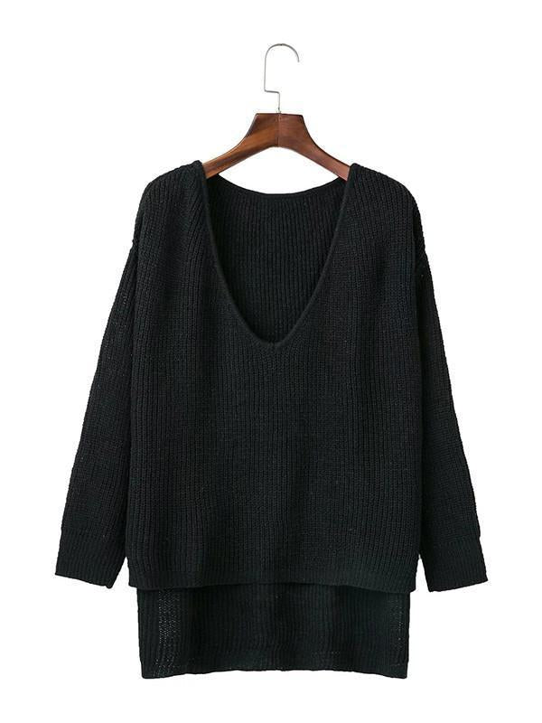 Solid Color Asymmetric V-Neck Loose Sweater Tops