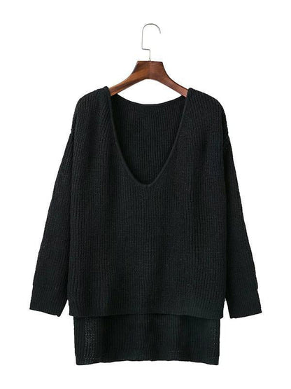Solid Color Asymmetric V-Neck Loose Sweater Tops
