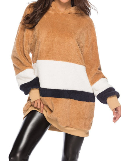 Color Contract Plush Hoodie Loose Stitching Mid-Length Sweater