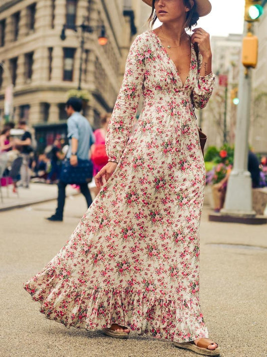 V-Neck Floral-Print Bohemia Maxi Dress