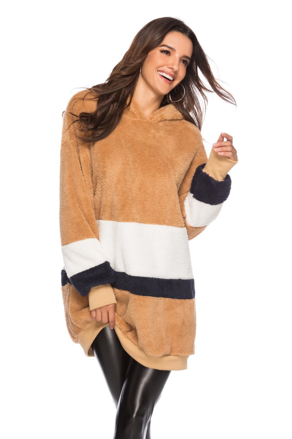 Color Contract Plush Hoodie Loose Stitching Mid-Length Sweater