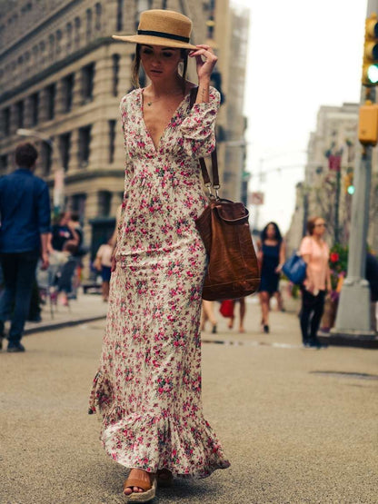 V-Neck Floral-Print Bohemia Maxi Dress