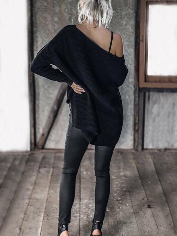 Solid Color Asymmetric V-Neck Loose Sweater Tops