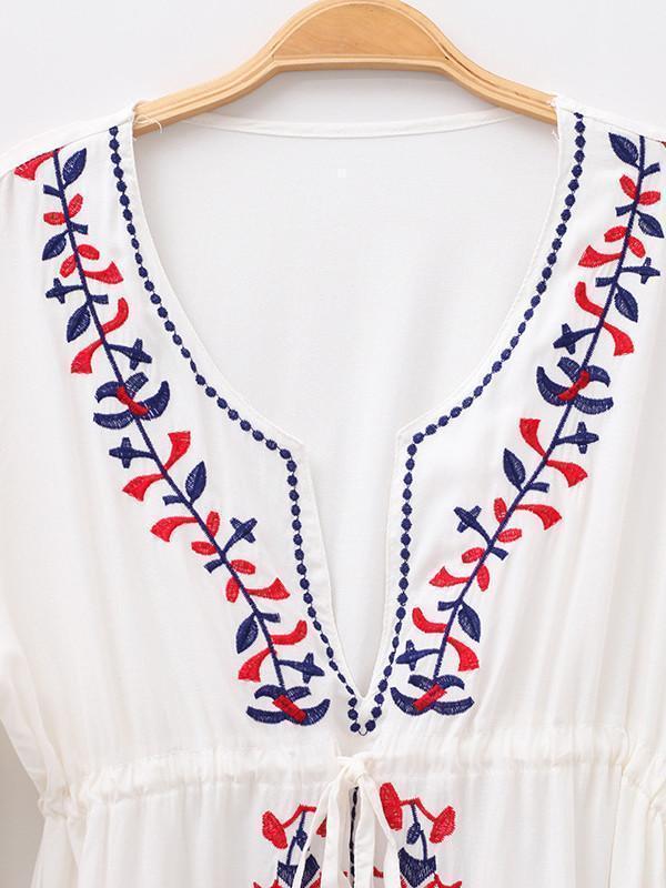 Embroidered V Neck Long Sleeve Beach Bikini Cover Up