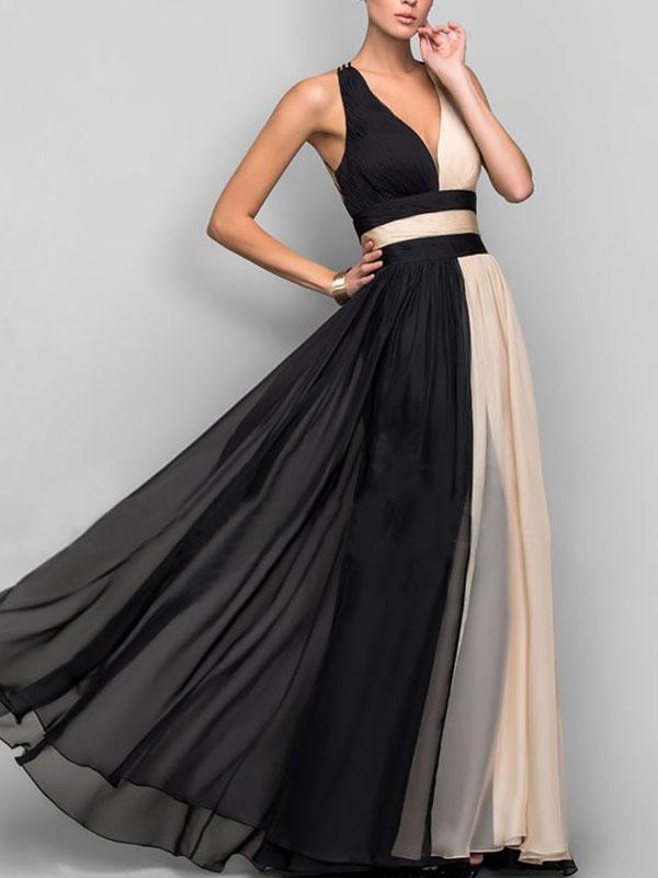Two-Color Sleeveless V-Neck Maxi Evening Dress