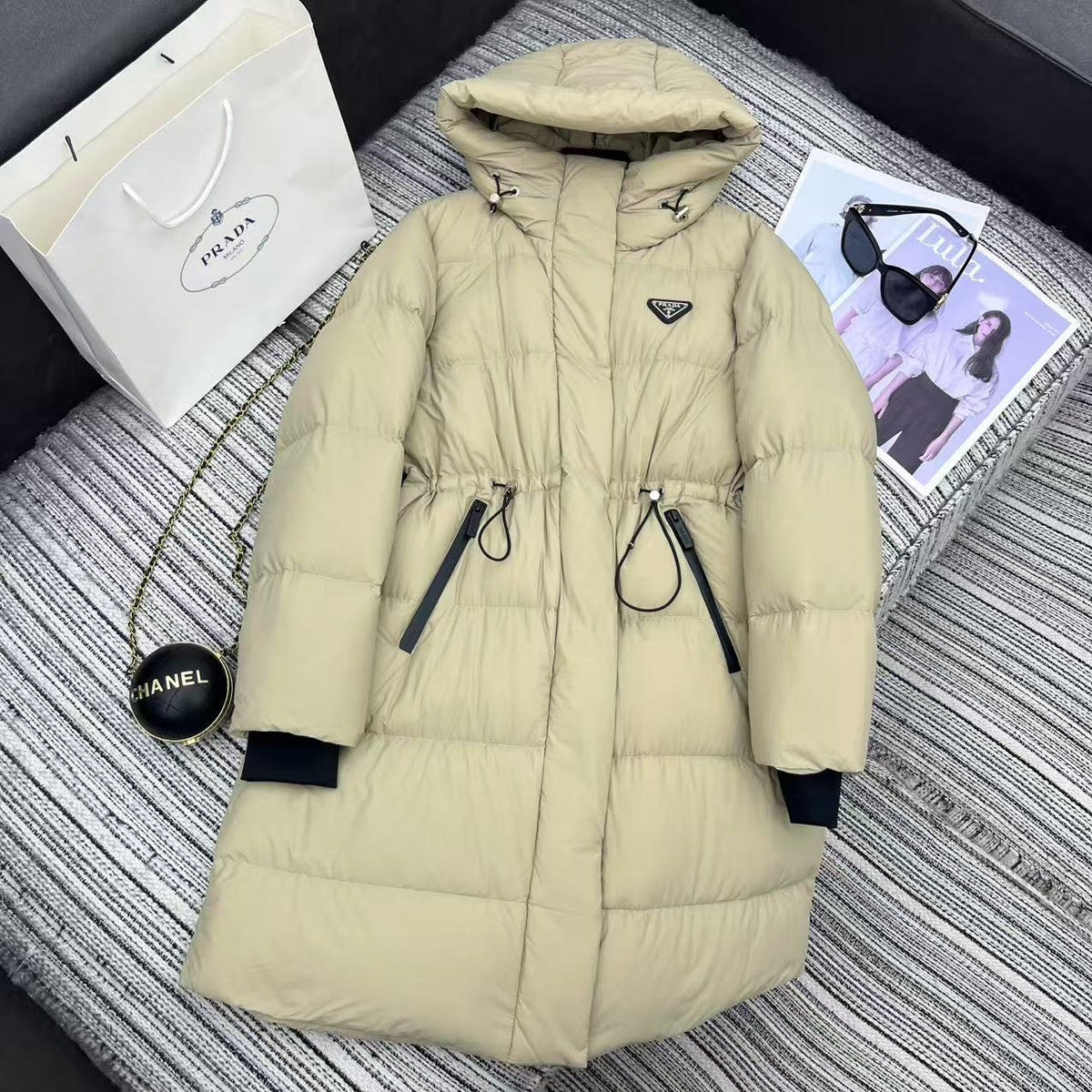 Prada 2025 Drawstring Waist Hooded Jacket Beige Down Polyester