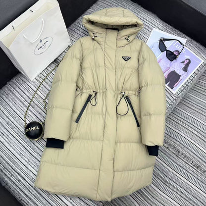 Prada 2025 Drawstring Waist Hooded Jacket Beige Down Polyester