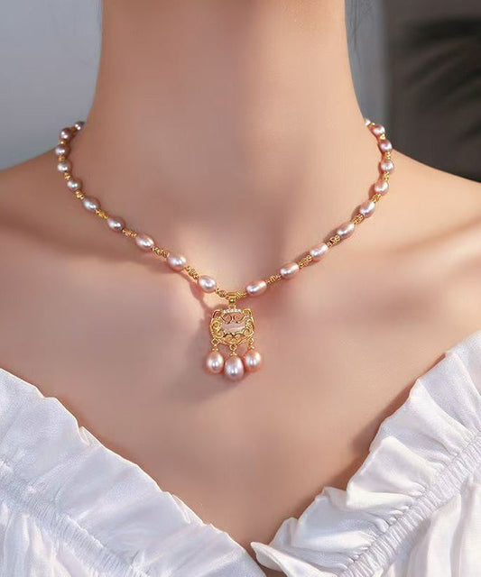 Fashion Light Purple Sterling Silver Overgild Pearl Safe Lock Pendant Necklace