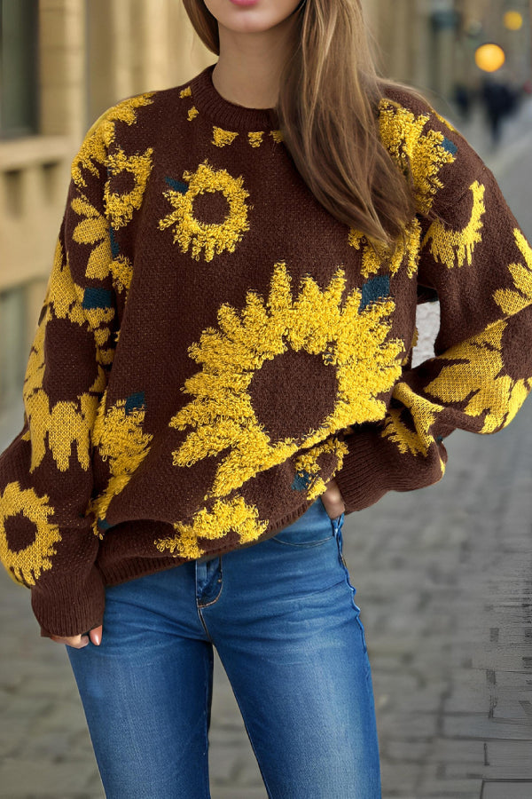 Sunflower Jacquard Crewneck Long Sleeve Knit Pullover Sweater