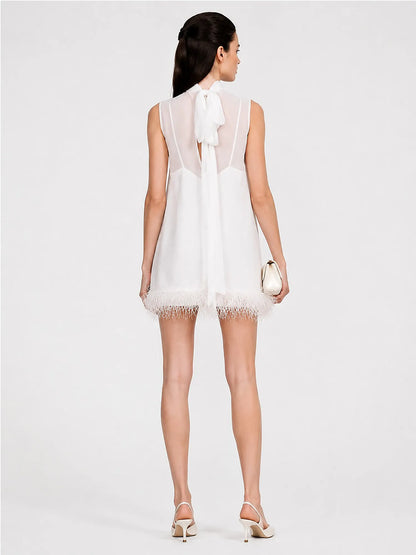 Anaya Feather-Trimmed Crew Neck Mini Dress