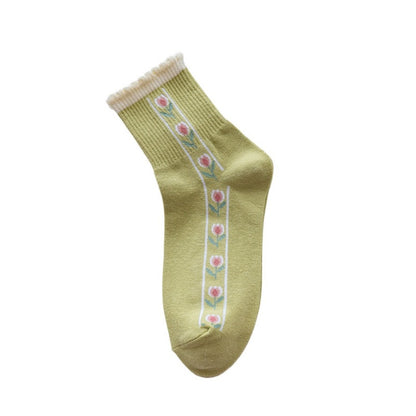 Rufia - Women's Floral Tulip Mid-Calf Socks - Green / White