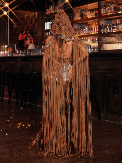 Luxyvar Fringe Knitted Hooded Cover Up In Brown