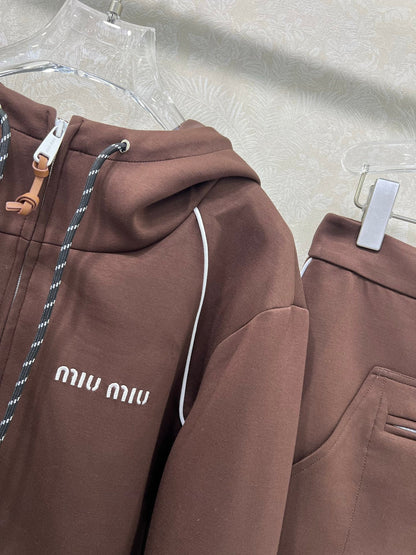 Miumiu Hooded Jacket and Skirt Set Brown Cotton