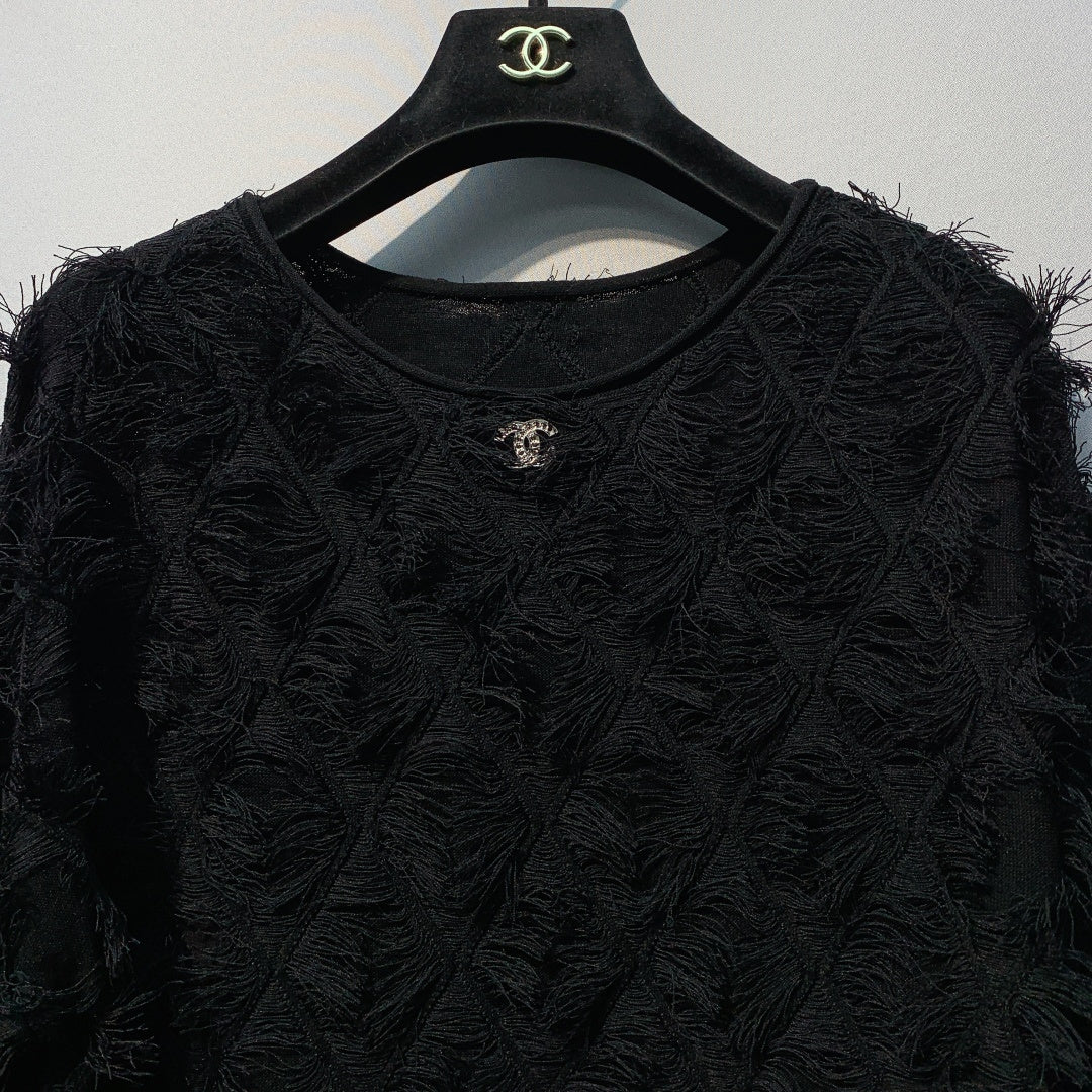 CC SS26 Feather-Trimmed Chiffon Top Black Chiffon 350963