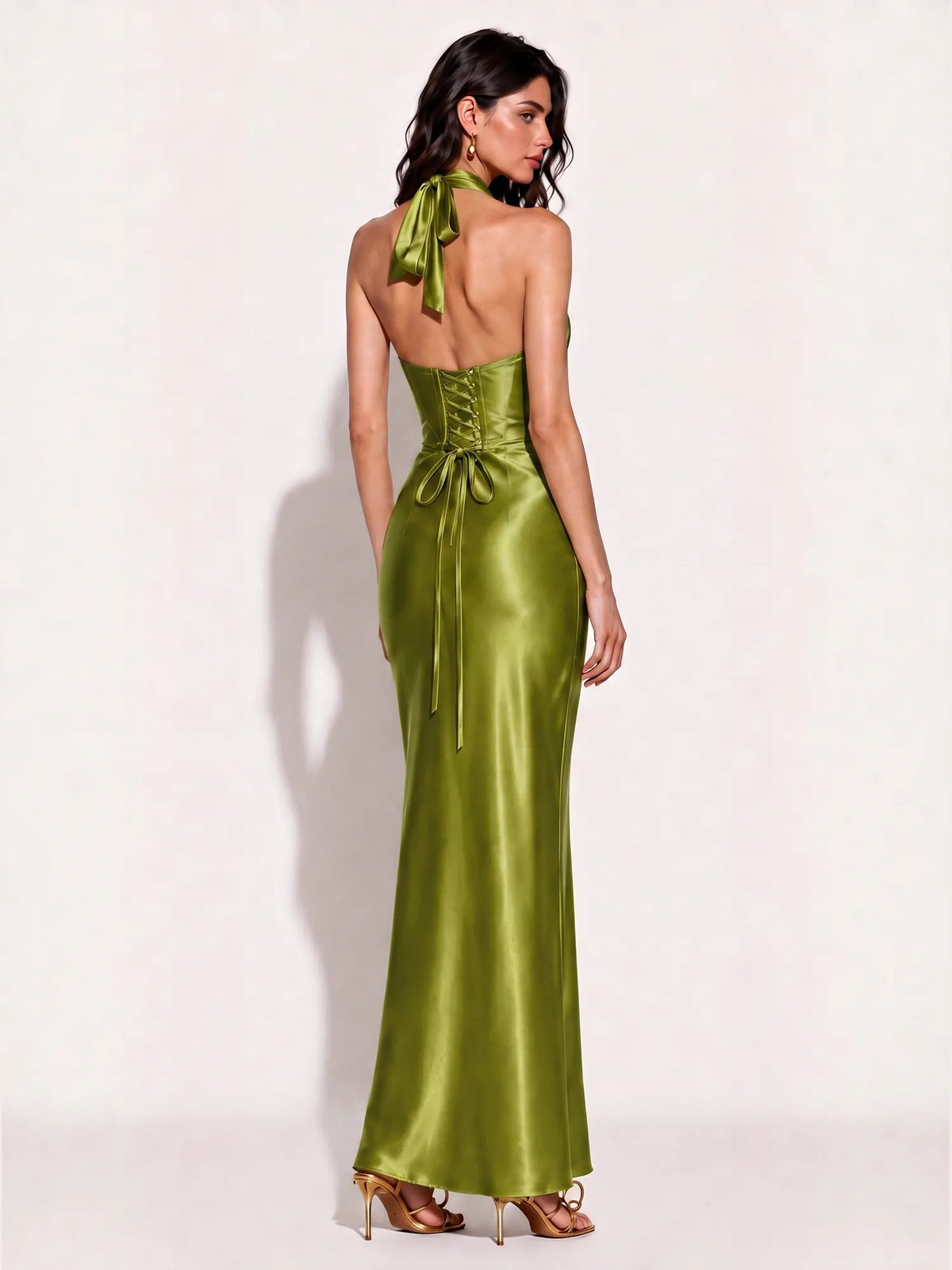 Audrey Satin Halter-Neck Mermaid Maxi Dress In Green