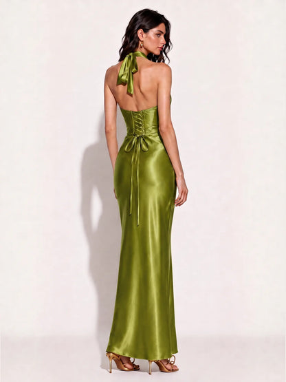Audrey Satin Halter-Neck Mermaid Maxi Dress In Green