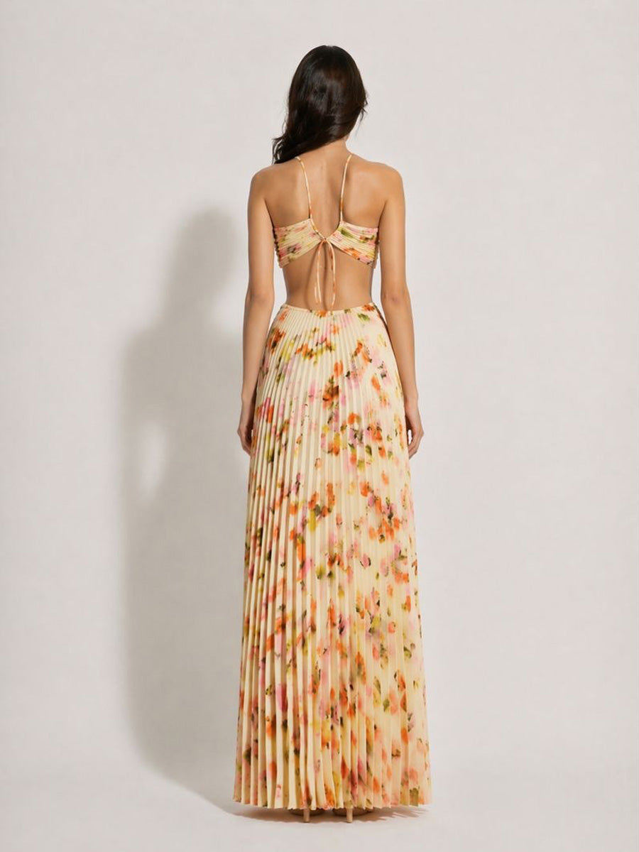 Lila Halter-Neck Pleated Printed Maxi Dress