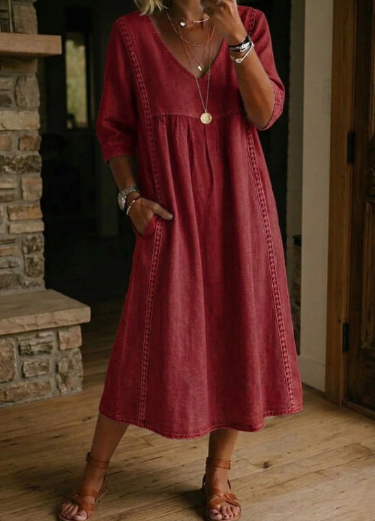 Elegant Linen-Blend V-Neck Midi Dress with Lace Inserts & Pockets | Casual Summer Dress for Women