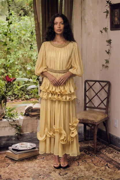 Eloisa Puff-Sleeve Ruffled Maxi Dress