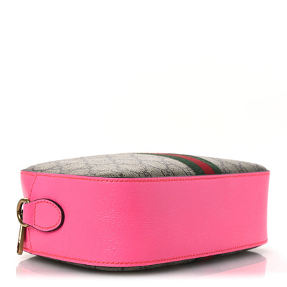 GG Supreme Monogram Textured Dollar Calfskin Web Ophidia Small Crossbody Bag Beige Ebony Fuchsia