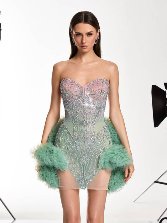 Hannah Tulle Trimmed Crystal Mesh Dress