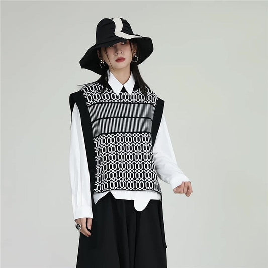 Black White Striped Knit Vest