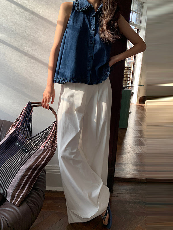High Waisted Wide Leg Pleated Solid Color Casual Pants Bottoms Flared Trousers