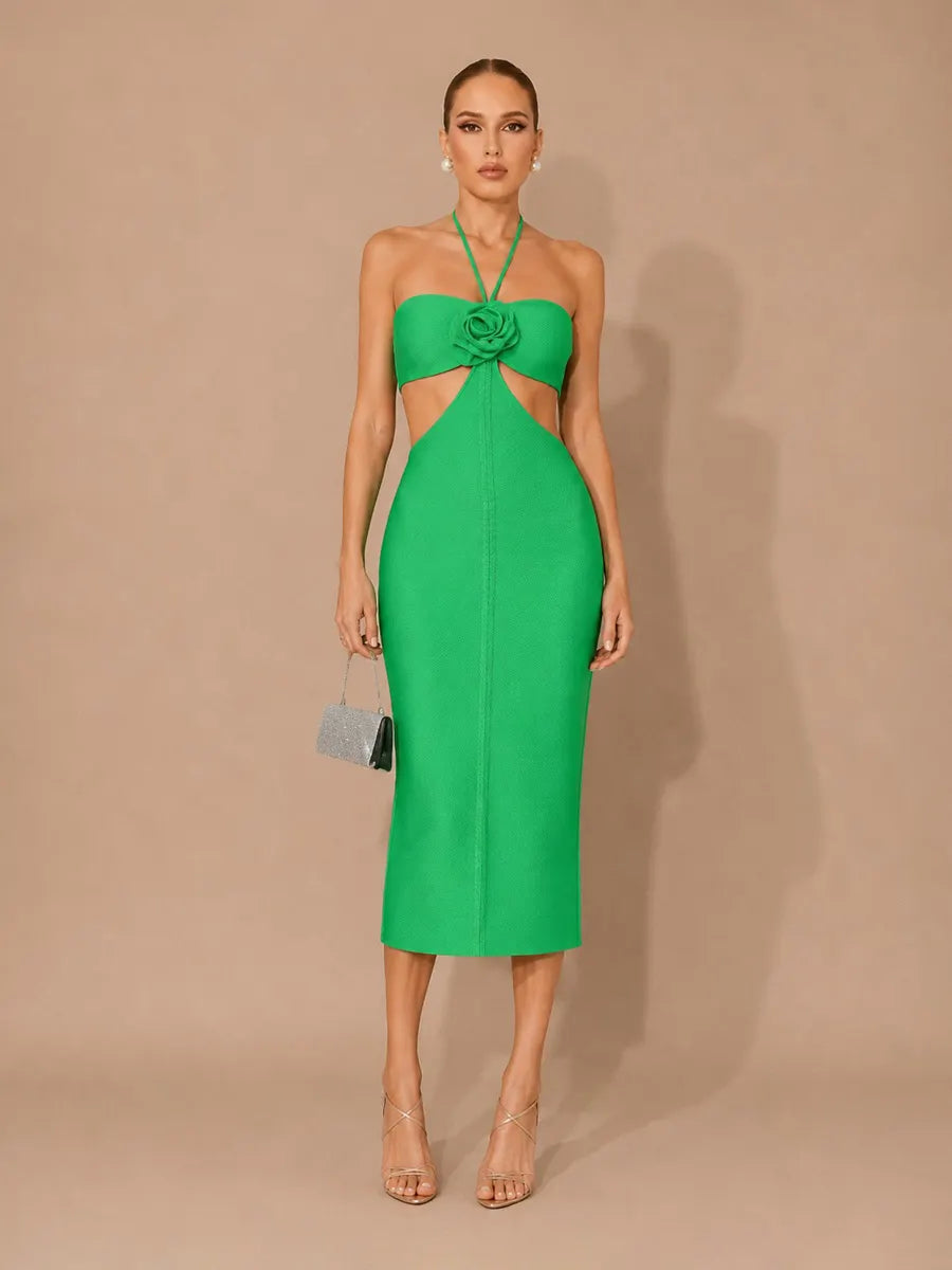 Melina 3D Floral Cut-Out Halter Midi Dress