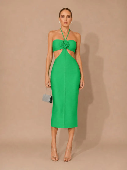 Melina 3D Floral Cut-Out Halter Midi Dress