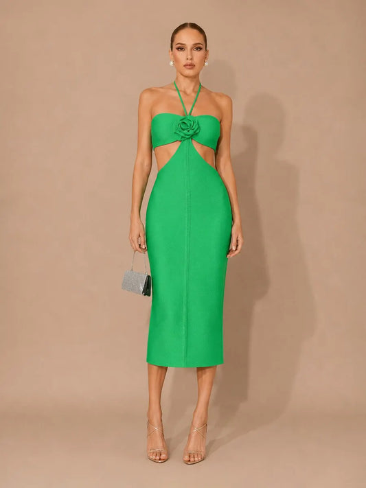 Melina 3D Floral Cut-Out Halter Midi Dress