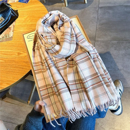 Color Block Plaid Fringe Scarf