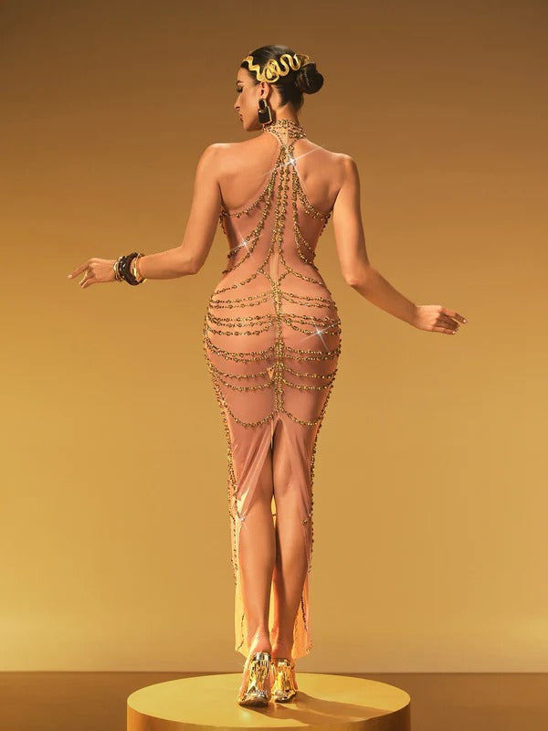 Olisa Halterneck Rhinestone Maxi Dress In Gold