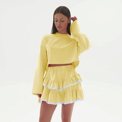 Color Block Crop Hoodie Lace Skirt Set